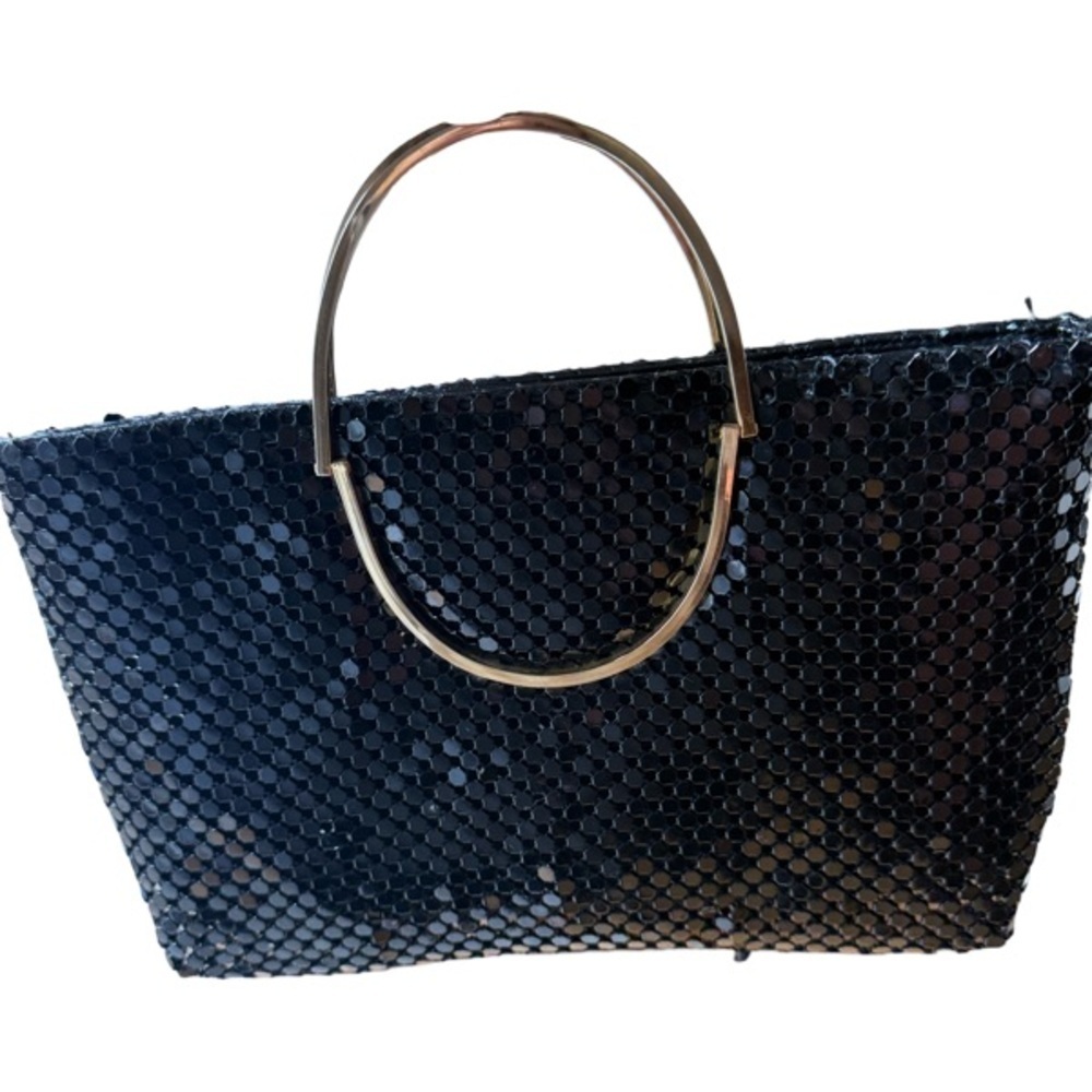 Vintage Elegant Black Metallic Mesh Evening Bag w/ Gold Handles - Picture 2 of 6